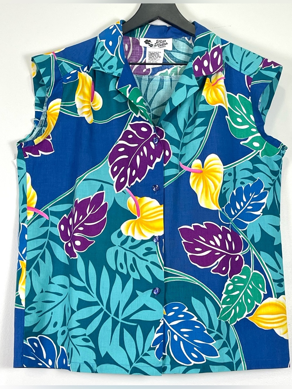 HILO HATTIE Women's Hawaiian Shirt Blue Purple Yellow Tropical Floral Size Large